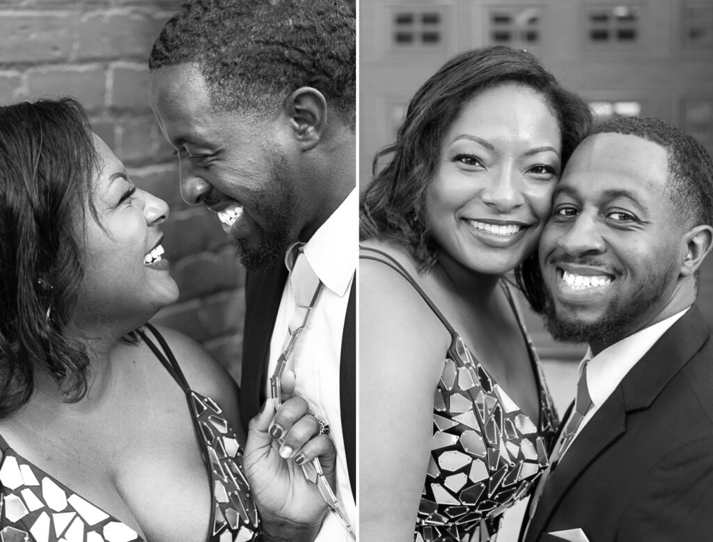 Two black and white photos, a close up of the couple smiling at each other on the left and the couple smiling towards the camera on the right. 