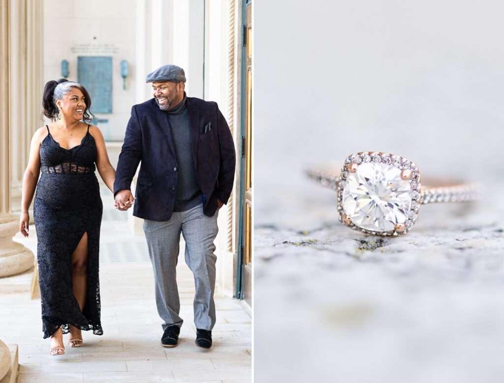 black couple engagement, uptown charlotte engagement, engagement ring